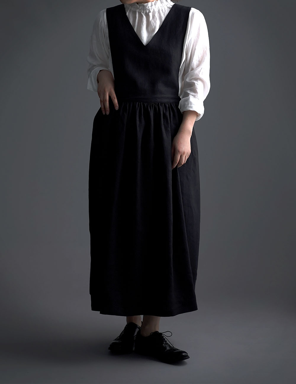 【wafu】Linen Overall Dress リネン ジャンパースカート /黒 a001b-bck1