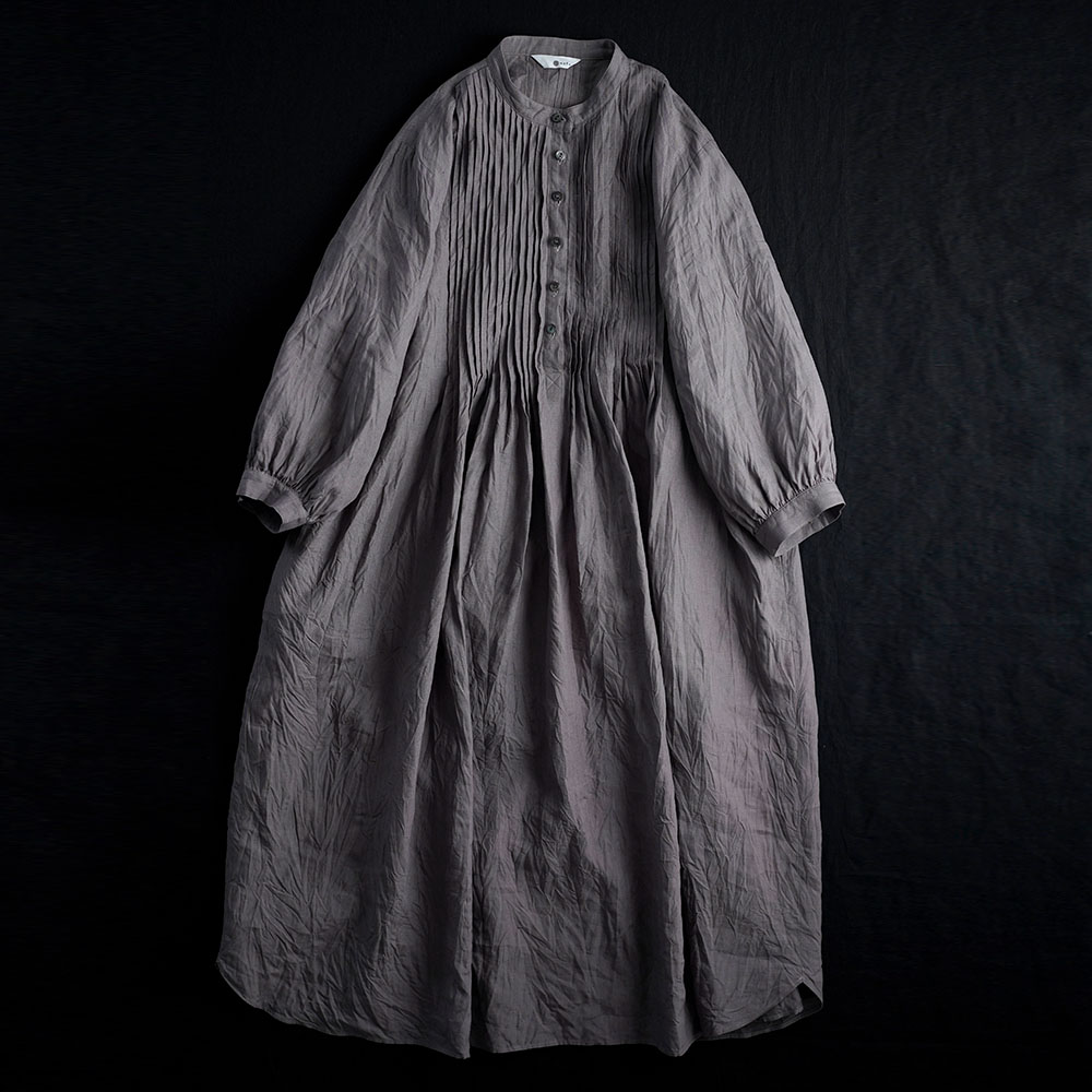 【wafu】Linen Dress　超高密度リネン ピンタックワンピース /茶鼠(ちゃねずみ) a006b-cnz1