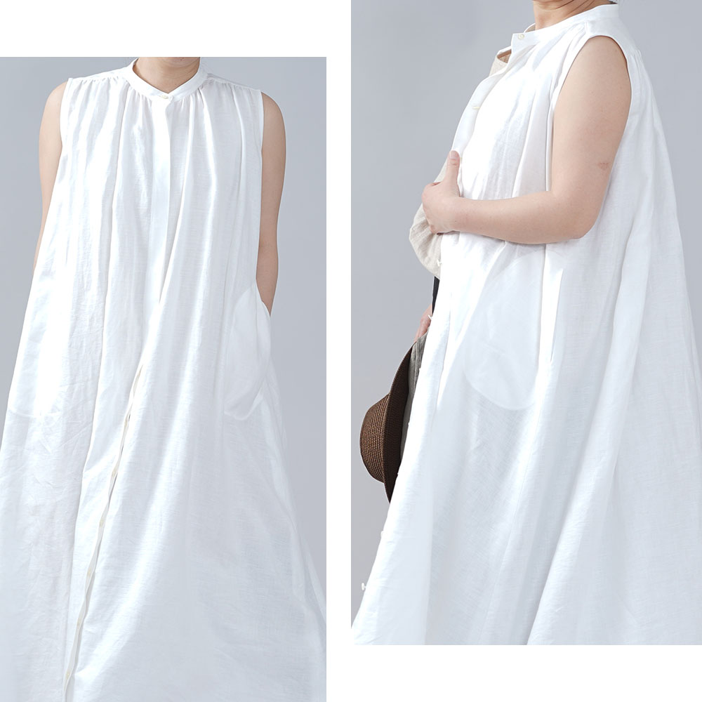 風がぬける Linen dress ノースリーブ 比翼 ワンピース / ホワイト a015a-wht1