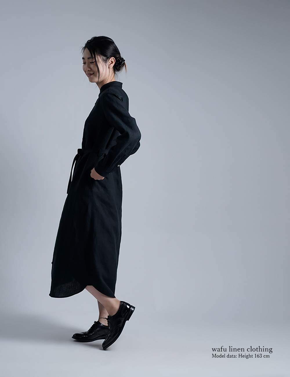 Linen Dress すっきりシャツテール ワンピース / 黒色 a015c-bck1