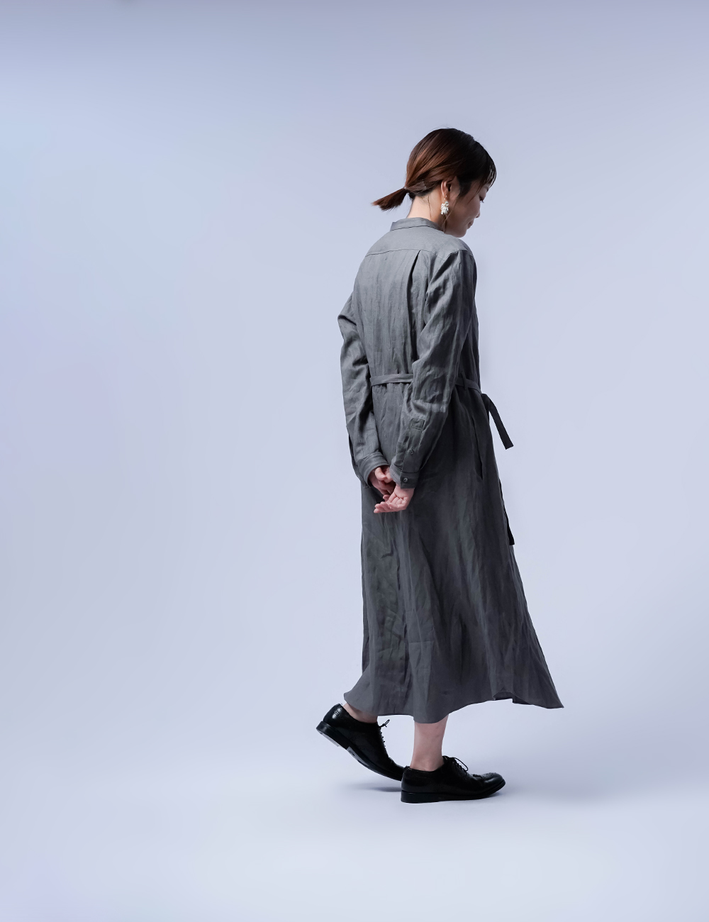 【LINE企画】Linen Dress すっきりシャツテール ワンピース / 鈍色(にびいろ) a015c-nib1
