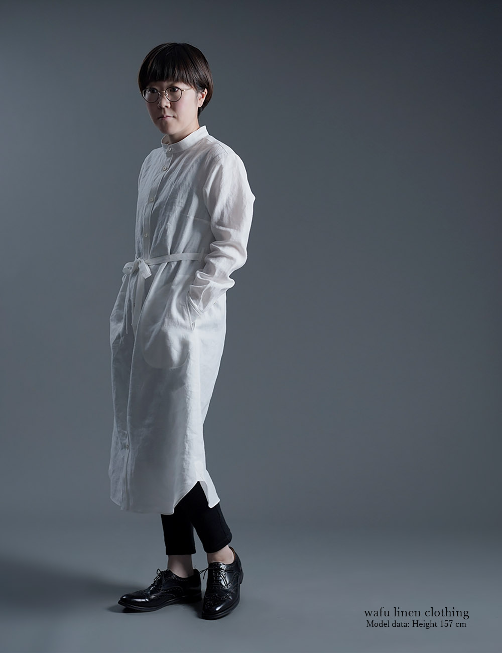 【LINE企画】Linen Dress すっきりシャツテール ワンピース / 白色 a015c-wht1