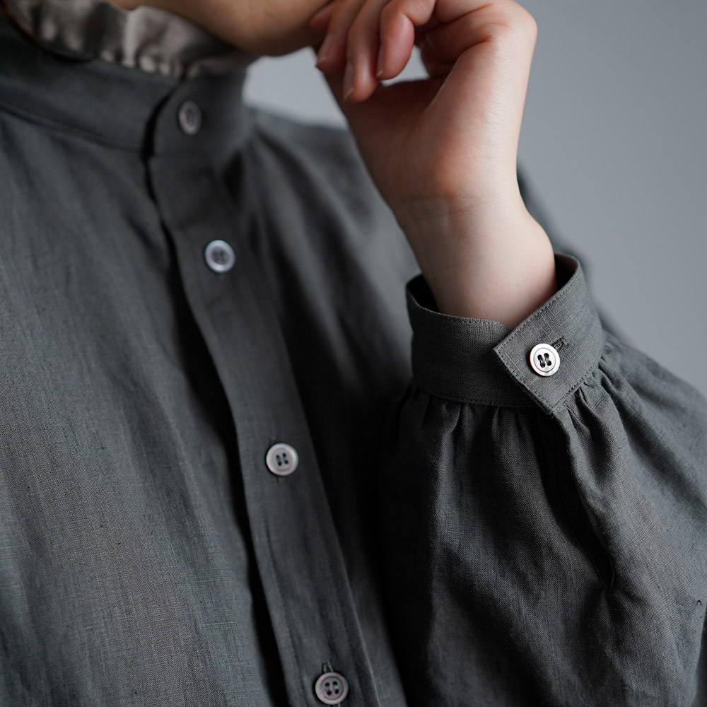 【10月31日21時～販売開始】Linen Dress 超高密度リネン スタンドカラーシャツテール / フォレッジグリーン  a018d-fgg1
