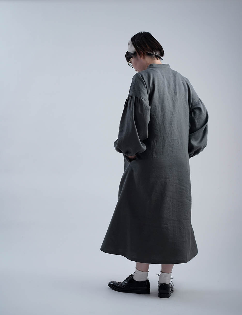 Linen Dress ランタンスリーブワンピース/フォレッジグリーン a018e-fgg1