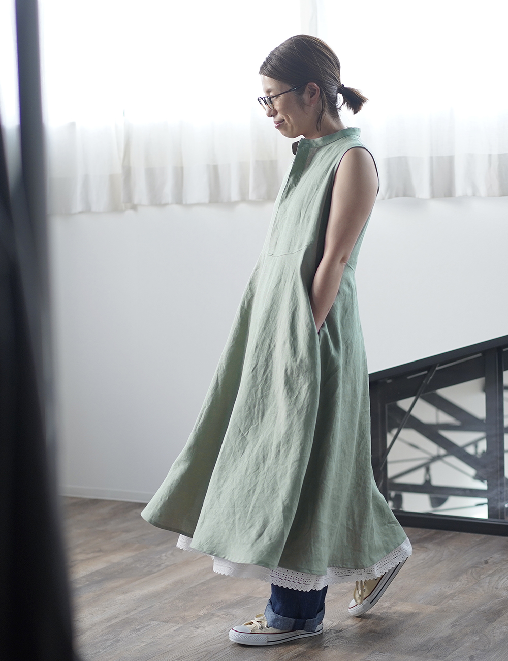 【wafu】Linen dress  リネンワンピーススタンドカラー ノースリーブ ドレス / 青磁鼠(せいじねず) a019e-snz1