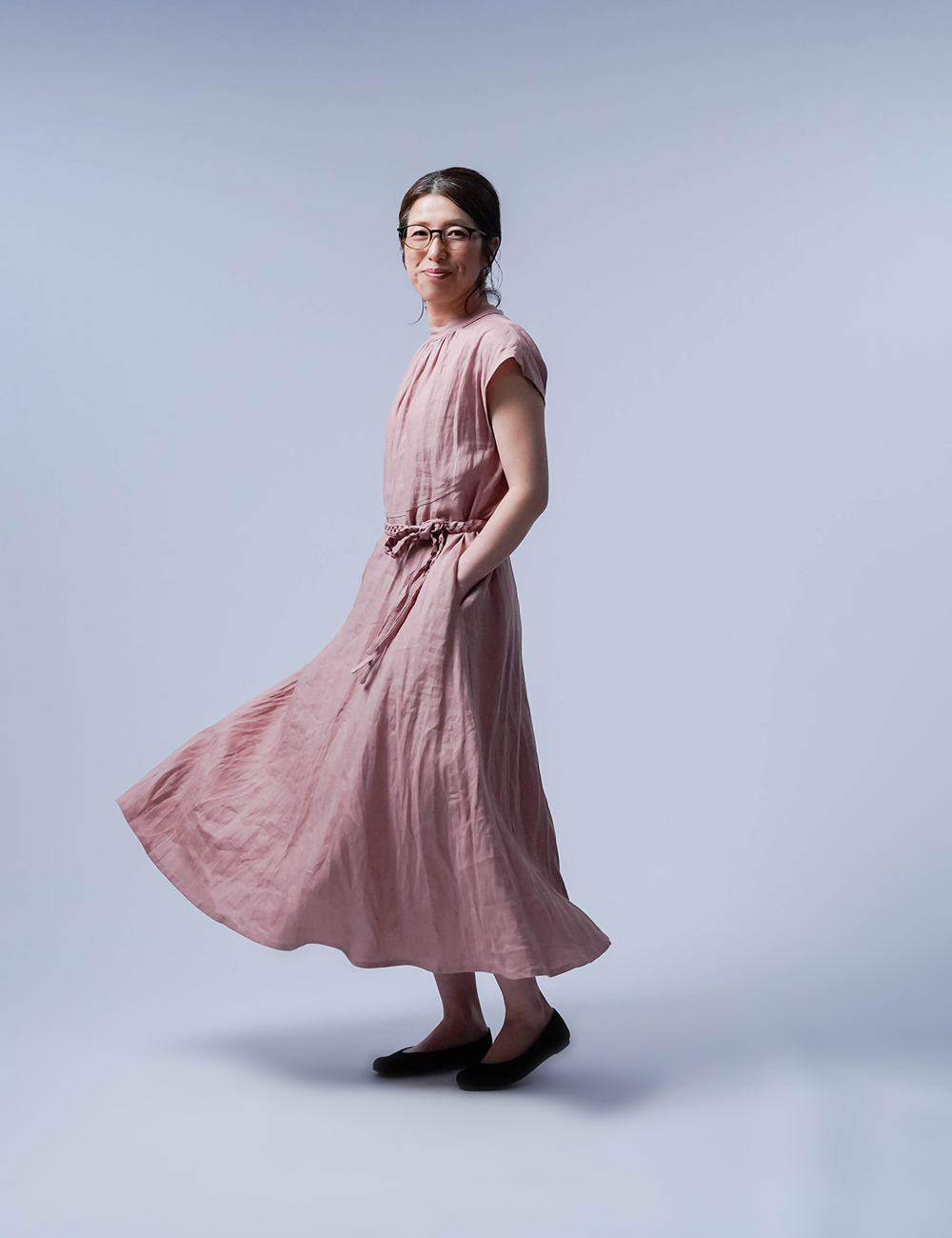 【wafu】Linen dress リネンワンピース ギャザースタンドカラー ドレス / 蘇芳香(すおうこう) a019f-sok1