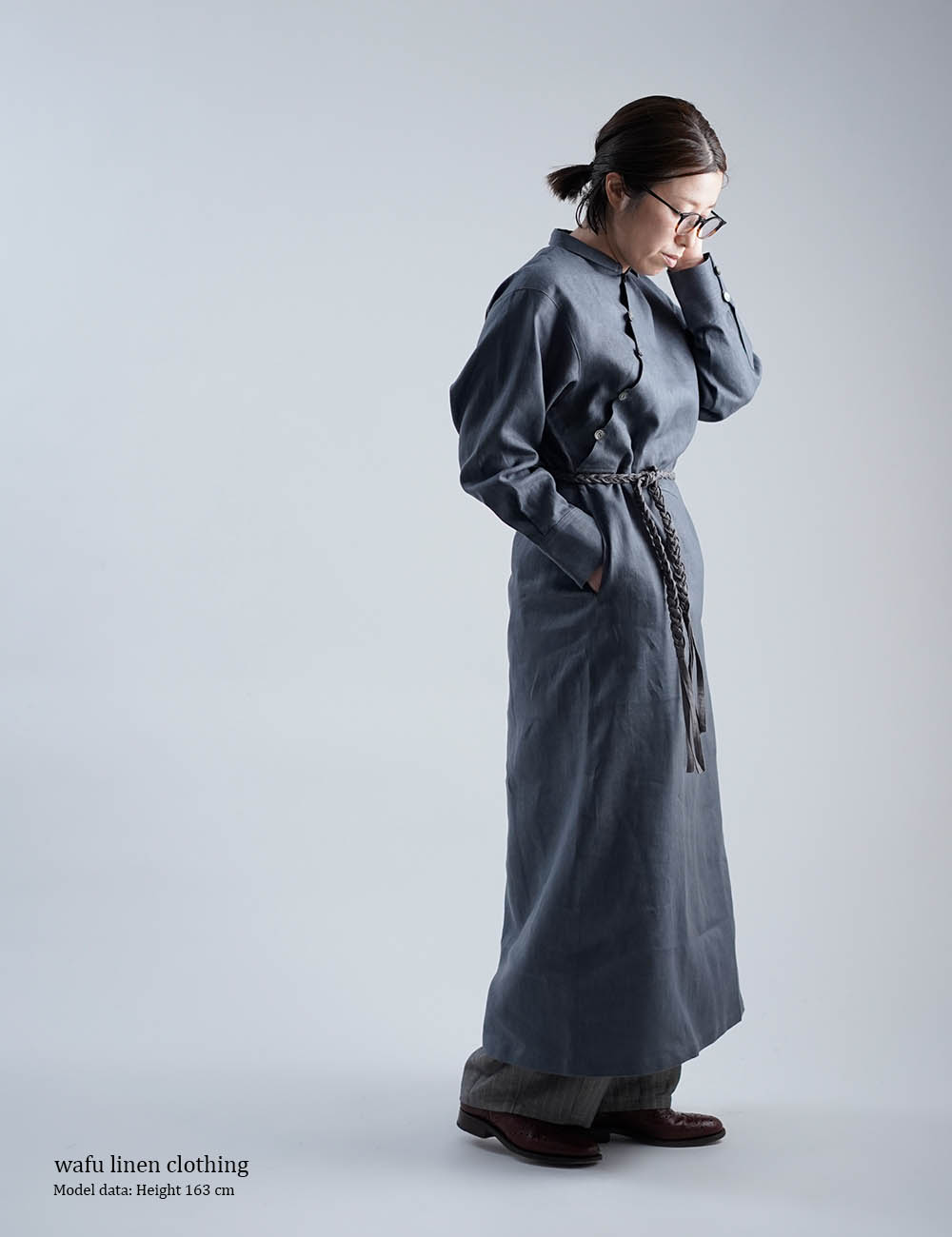 【wafu】Linen Dress ちび襟 ロング丈 ワンピース / ディムグレー a028h-dmg2
