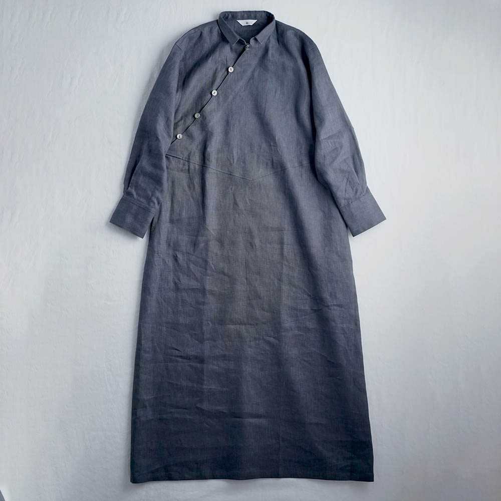 【wafu】Linen Dress ちび襟 ロング丈 ワンピース / ディムグレー a028h-dmg2