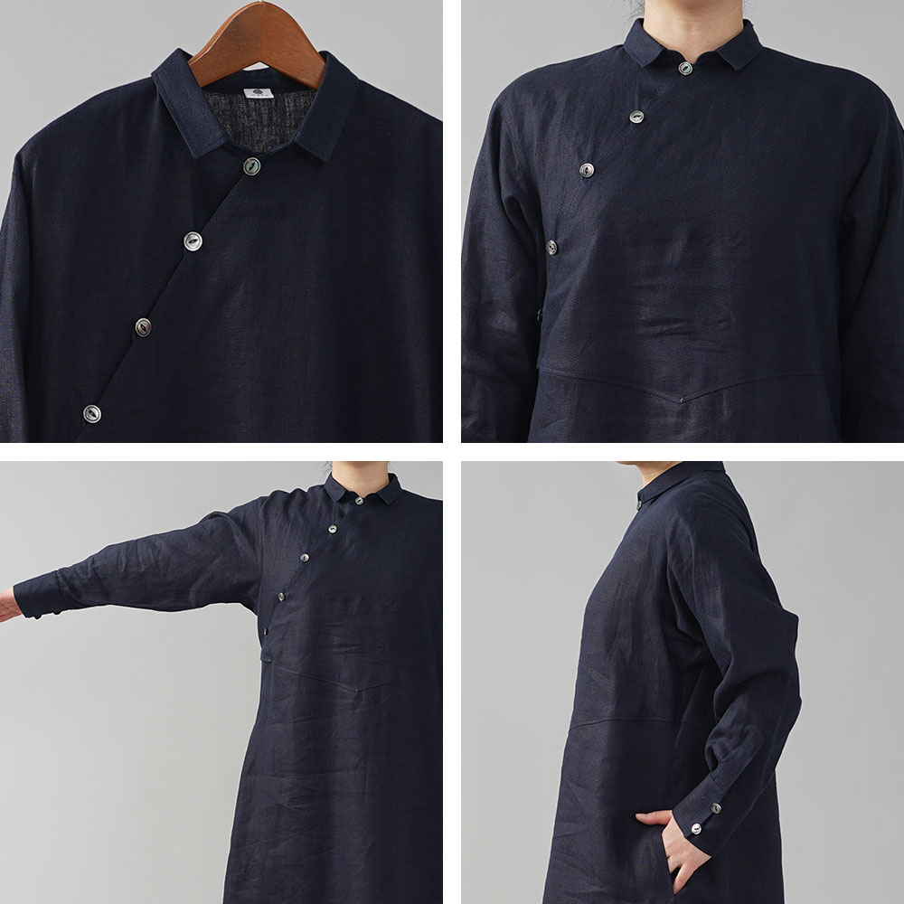 中厚 斜めボタン ちびシャツ襟 ワンピース 伝統的スタイル カフス袖 タック袖 ウエスト