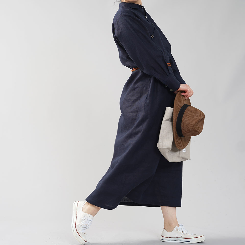 中厚 斜めボタン ちびシャツ襟 ワンピース 伝統的スタイル カフス袖 タック袖 ウエスト