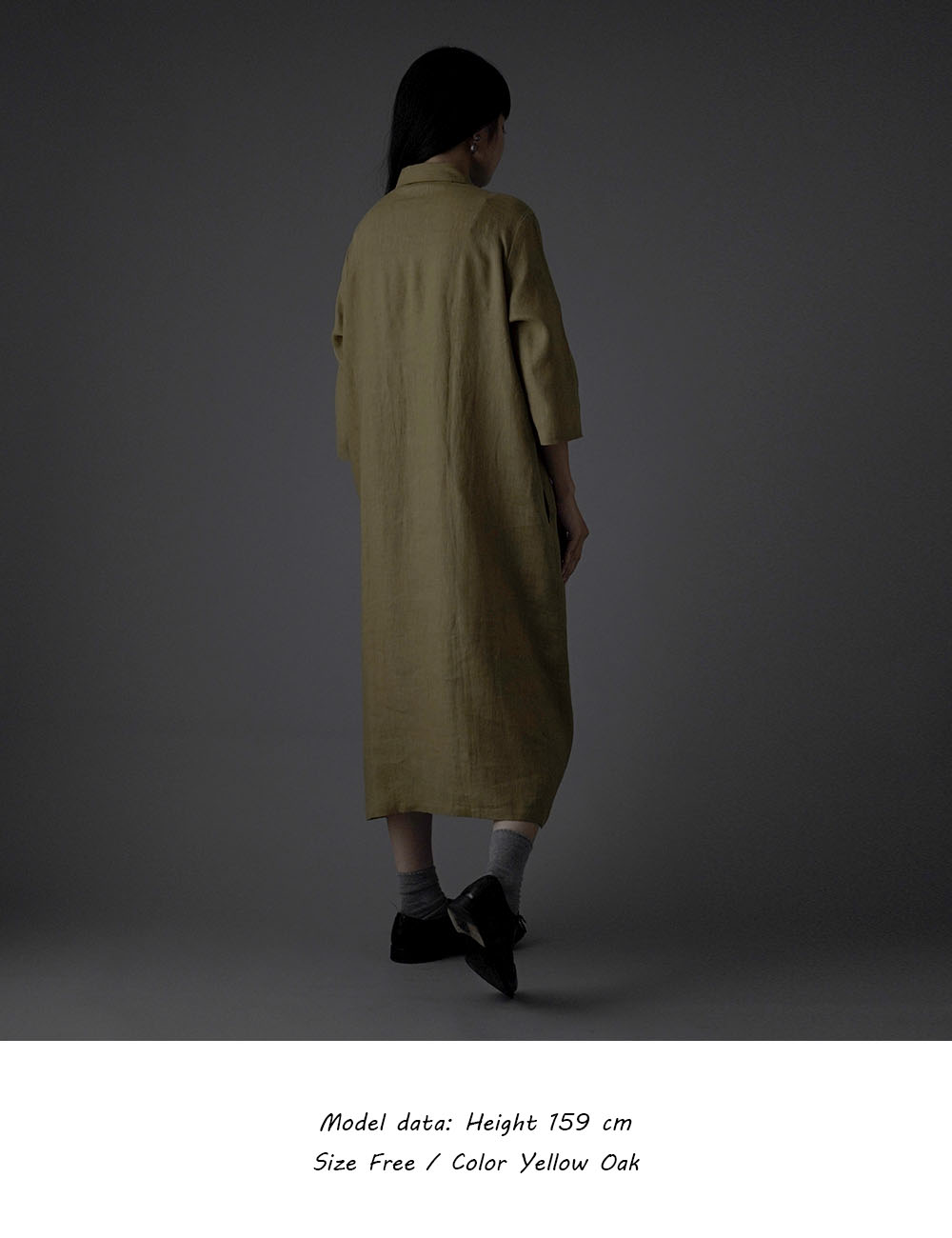 【wafu】 雅亜麻 リネン ワンピース カッタウェイ シャツ 襟 フロント ギャザー ドレス　薄地/黄橡色(きつるばみ) a031a-kib1