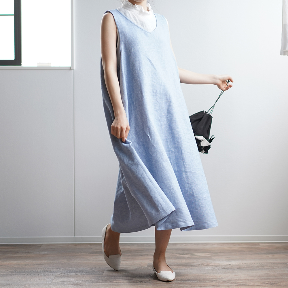 見習い ハーフリネン ジャンパースカート ジャンスカ ワンピース ジグザグシャンブレー Training ブルー A037d Blu2