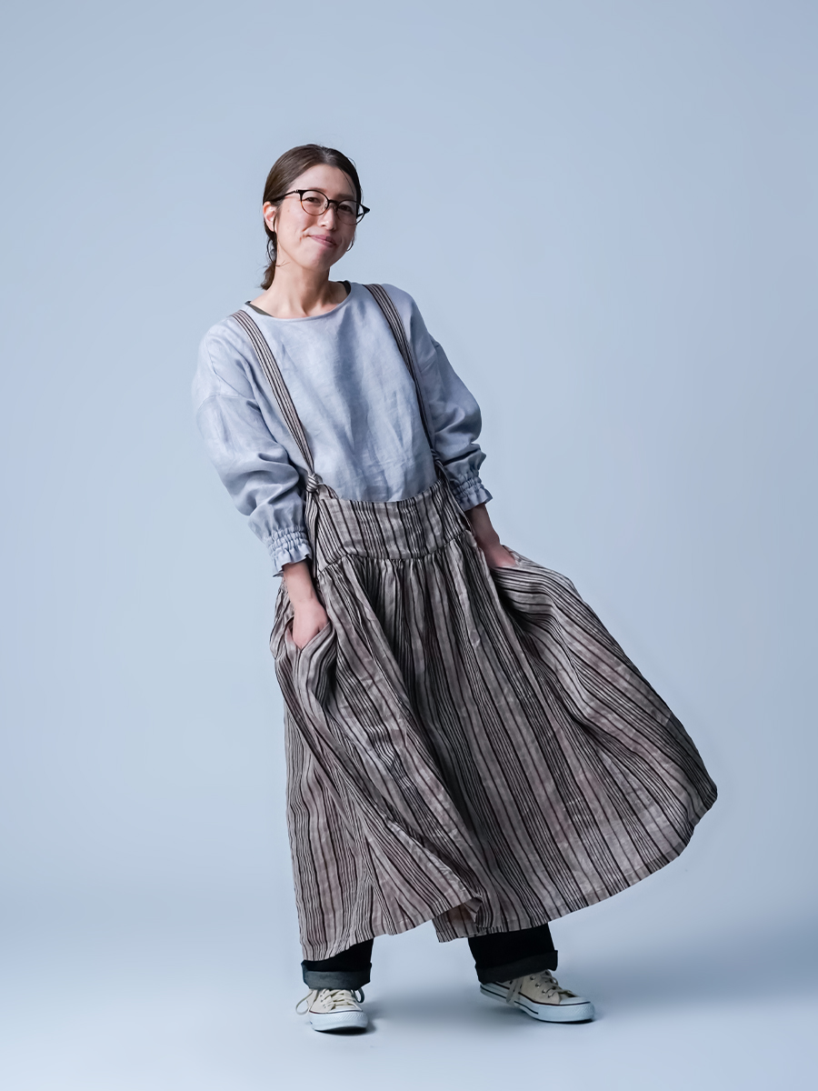 wafu. リネンタブリエ　／ ストライプ a037e-stp2 リネンタブリエ】レア度満点 タブリエエプロン スカート