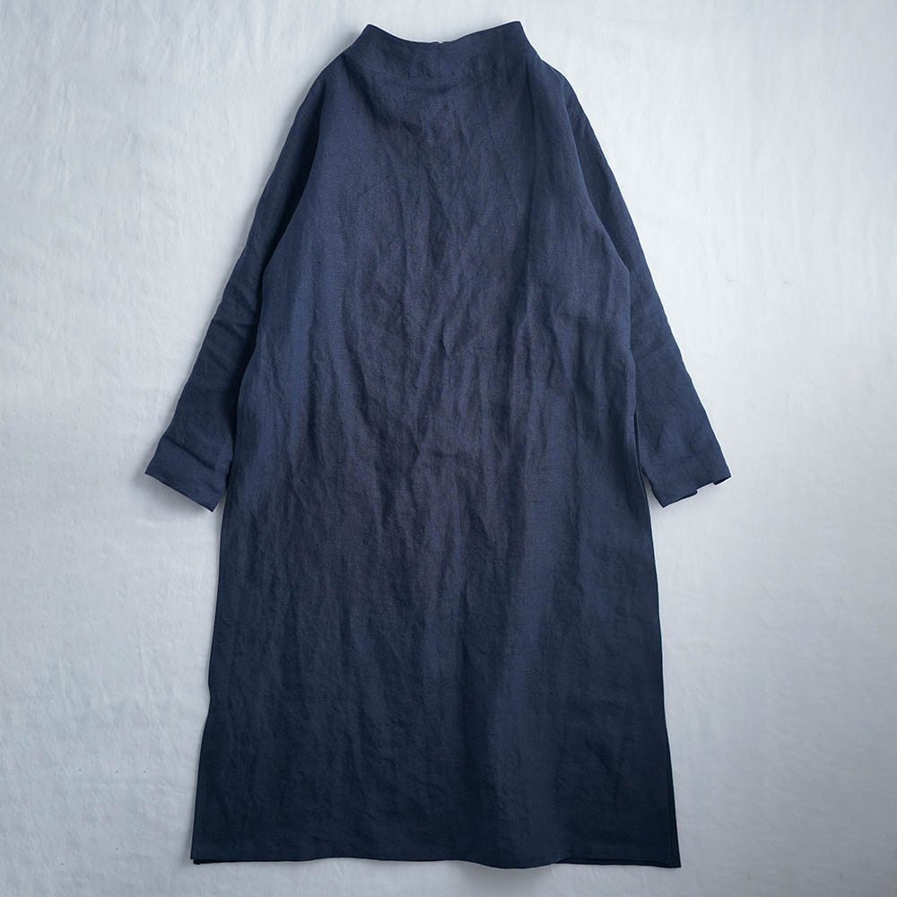 Linen Dress　ボトルネック　ロングスリットワンピース/ネイビー a043e-neb2