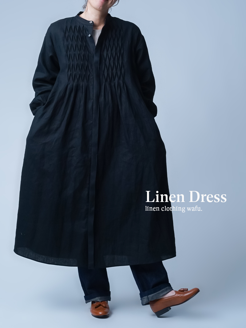 wafu ピンタック　黒 シャツワンピース 長袖 ドレス リネンドレス】袖を通すだけで背中を押される 手間ひまの快感 ピンタック