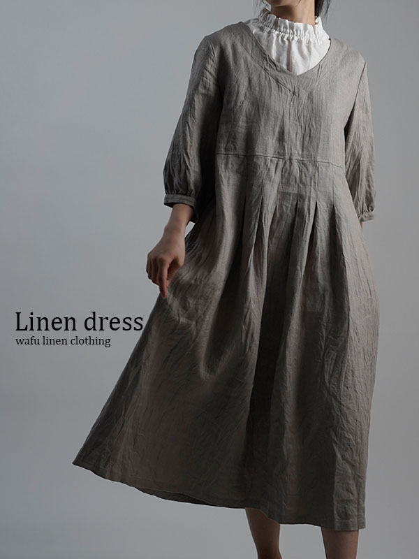 Wafu Linen Dress Vネックワンピース アッシュパール A062a Asp2