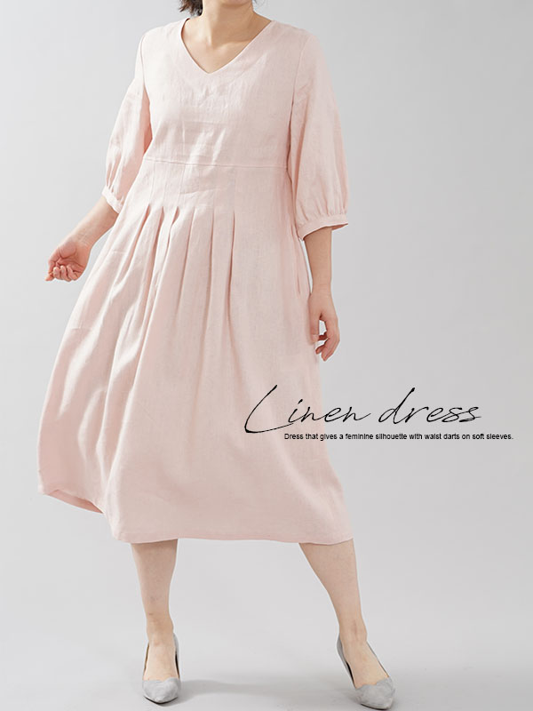 中厚地 リネン ワンピース ふんわりスリーブ Vネック ステッチ タック留め ドレス ミモレ丈 ウエストタック シェルピンク M L A062h Spk2