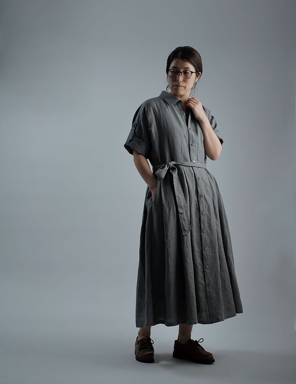 【wafu】Linen Dress 　 2wey ワンピース 　アウターにも　/　鈍色(にびいろ) a064a-nib1