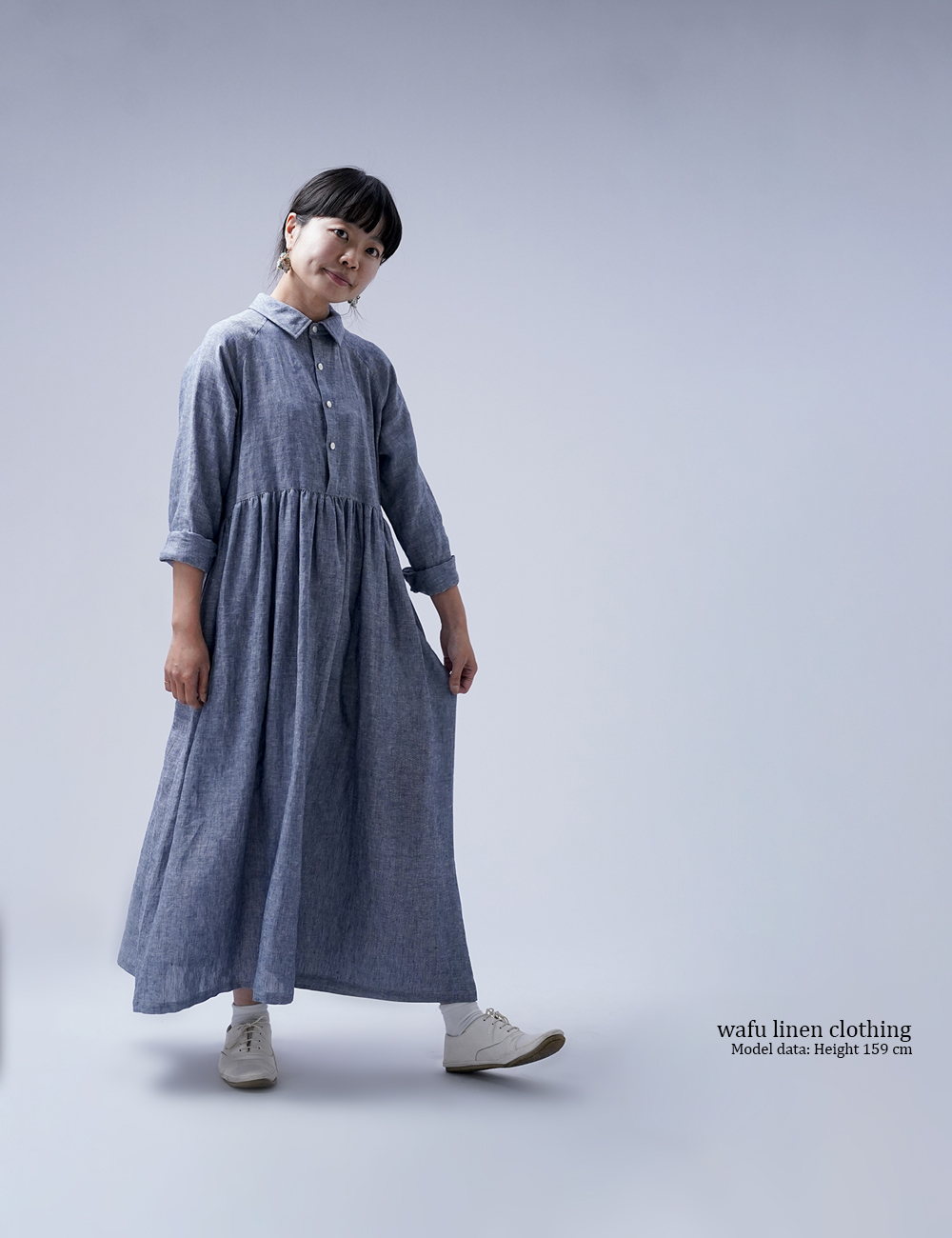 【wafu】 Linen Dress 依田のやりたい放題 リネン ワンピース シャンブレー/ネイビー a070b-neb1