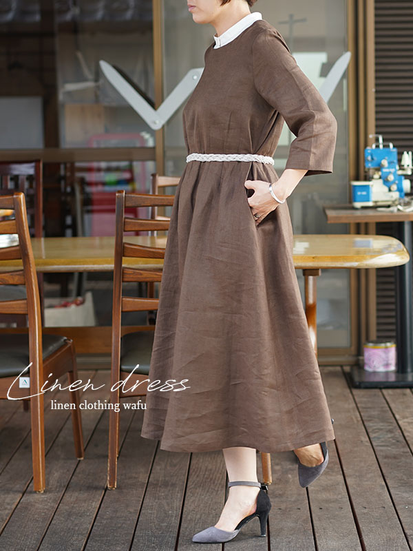中厚 リネン ワンピース アワーグラス ウエストダーツ ステッチ ドレス ヴァンダイク ブラウン M L A074a Vbn2