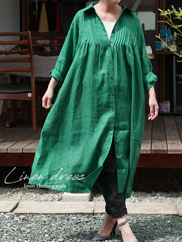 Wafu 中厚 リネンワンピース 2way ピンタック ドレス 羽織にも シャツ襟 ラグランスリーブ 長袖 フィヨルドグリーン Free A081j Fgn2