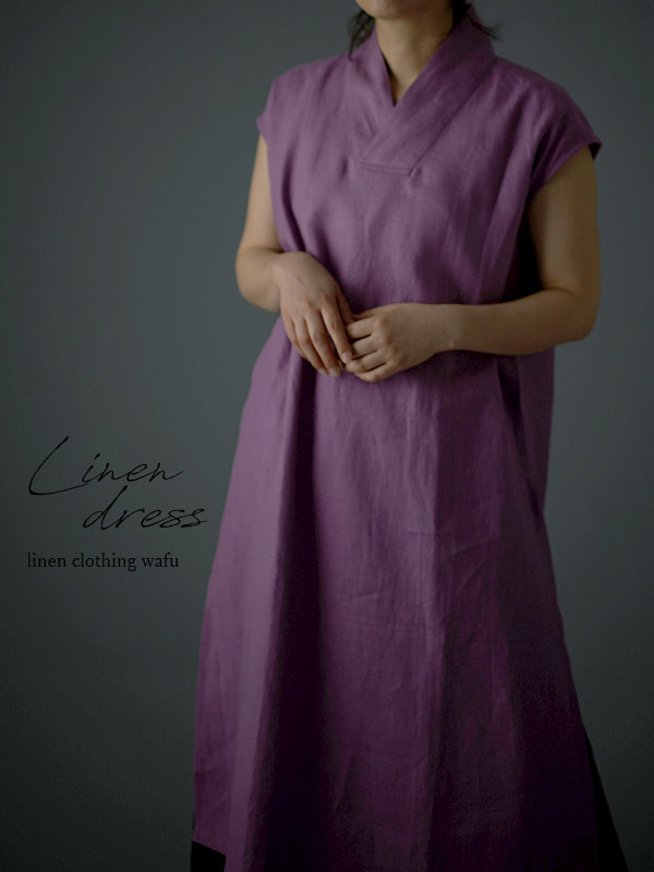 Wafu リネン フレンチスリーブ サイドスリット 禅 着物襟 重ね着 中厚 ブーガンヴィレ A084c Bvl2