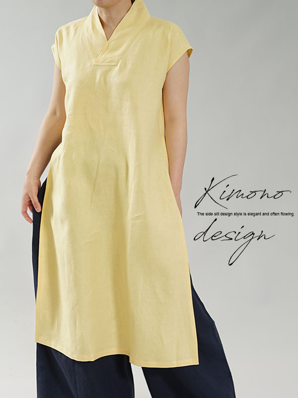 中厚 リネン ワンピース 禅 着物襟 重ね着 フレンチスリーブ サイドスリット リラックス ドレス ジョーヌパイユ M L A084c Jpy2