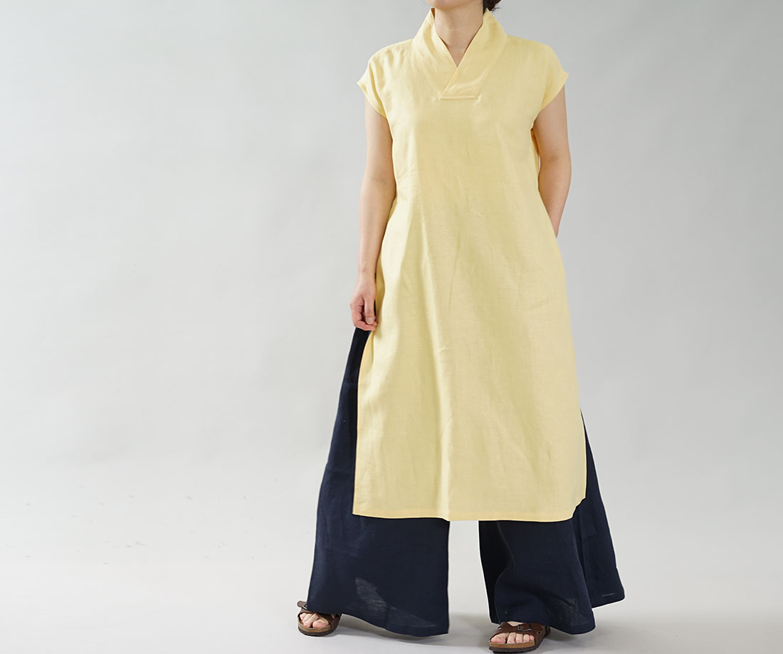 中厚 リネン ワンピース 禅 着物襟 重ね着 フレンチスリーブ サイドスリット リラックス ドレス ジョーヌパイユ M L A084c Jpy2