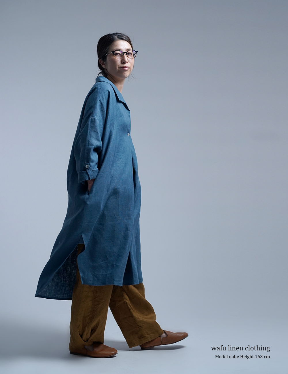 【wafu】Linen Dress 重ね着風 ロールアップ / ブルーパッセ a085a-bps2