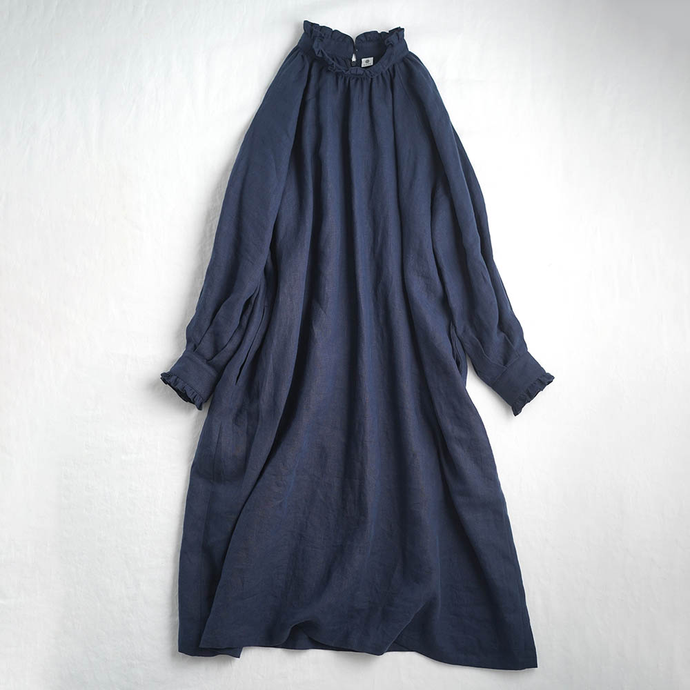 【wafu】Linen Dress フリルネックドレス / 留紺(とめこん) a088a-tmk1