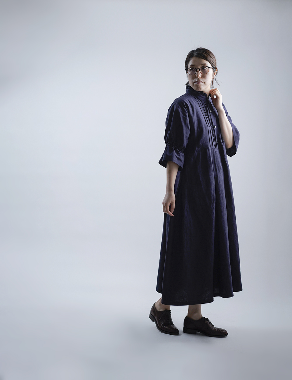 【wafu】Linen Dress 超高密度リネン ワンピース ピンタック 60番手/黒紅色(くろべにいろ) a090b-kbi1