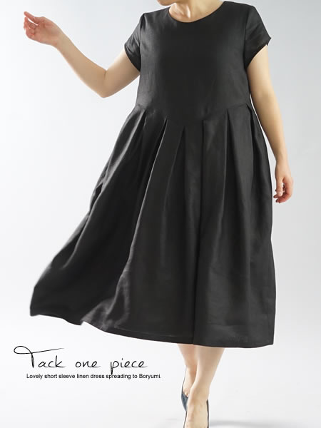 中厚 リネンワンピース たっぷり 鍵盤 タック クルーネック フレンチスリーブ ドレス ミモレ丈 膝下丈 ブラック M L A013f k2