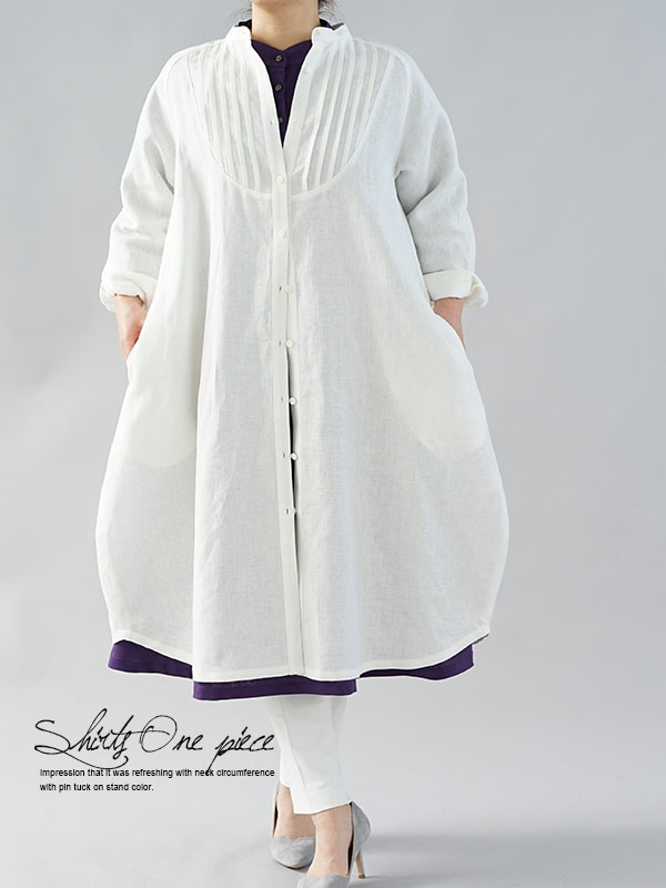 中厚 リネンワンピース 2way ピンタック コクーンドレス スタンドカラー ラグランスリーブ ホワイト Free A081k Wht2