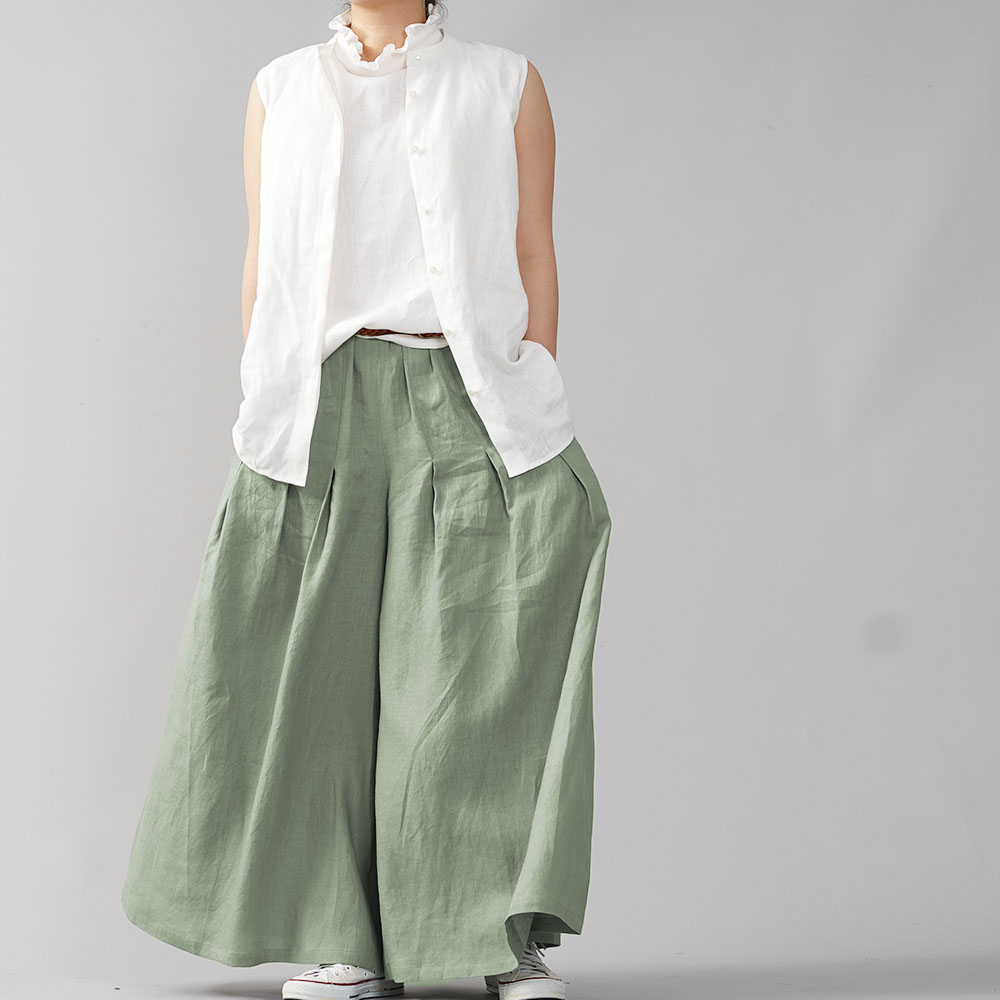 やや薄手 リネン 袴(はかま)パンツ ワイドパンツ ロング丈 拝みヒダ 和 禅 ウエストゴム ベルトループ ポケット付 マキシ丈 40番手/青磁鼠(せいじねず)【free】b002k-snz1