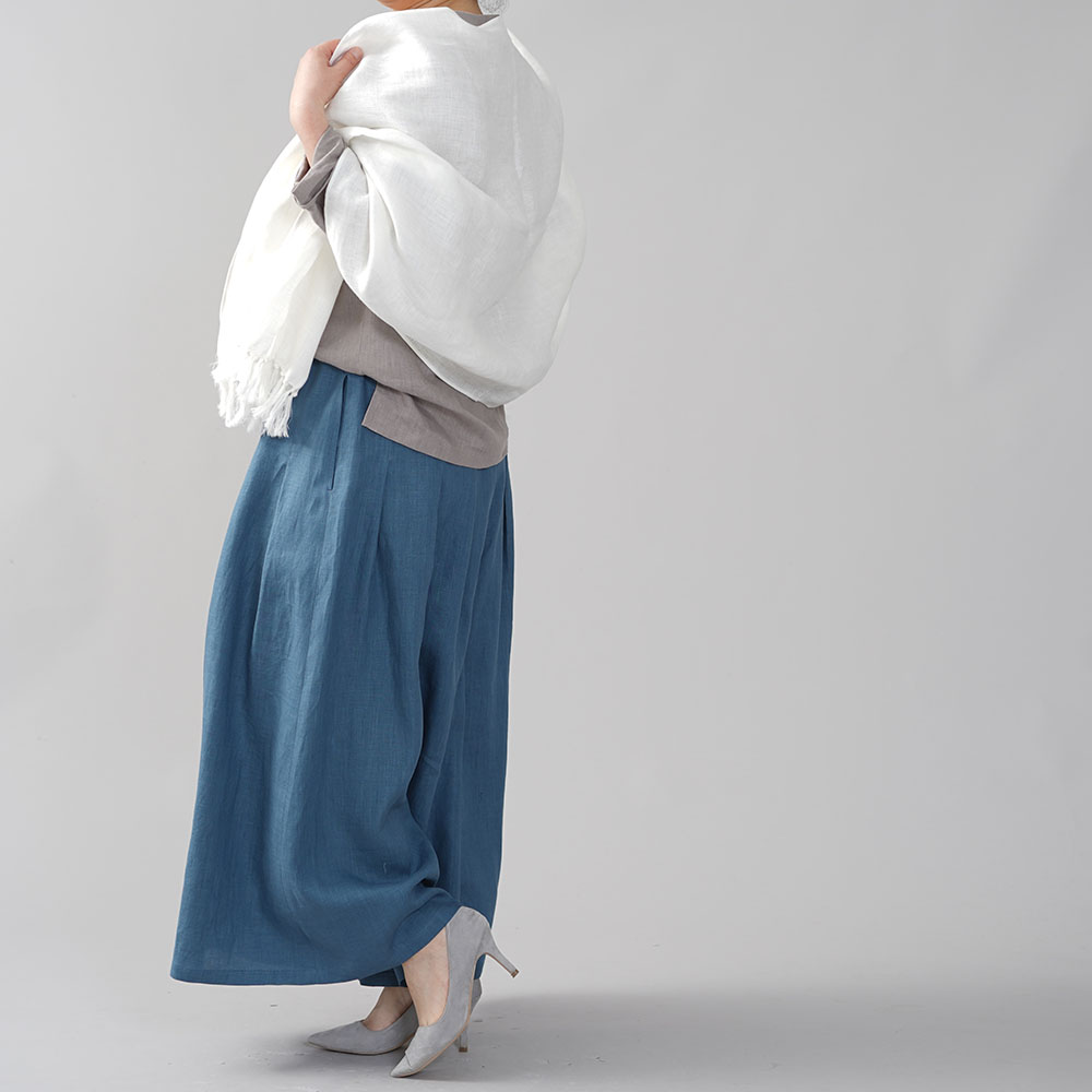 やや薄手 リネン 袴(はかま)パンツ ワイドパンツ ロング丈 拝みヒダ 和 禅 ウエストゴム ベルトループ ポケット付 マキシ丈 40番手/薄縹(うすはなだ)【free】b002k-ush1