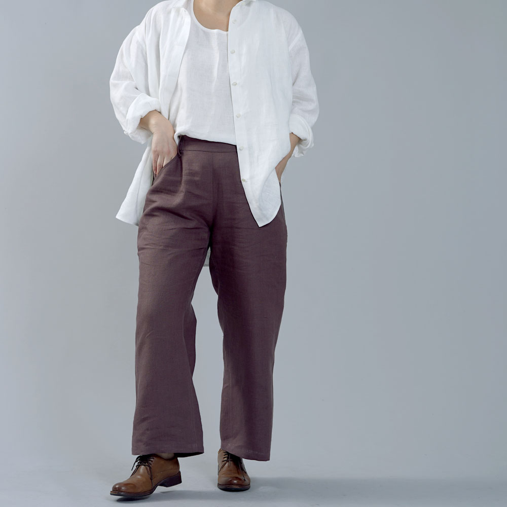 限定12着 少し丈短め 中厚リネン ペインターパンツ リネンパンツ Linen100 ウエストゴム メンズライク Diyにも 小豆色 あずきいろ Free B004b Azk2