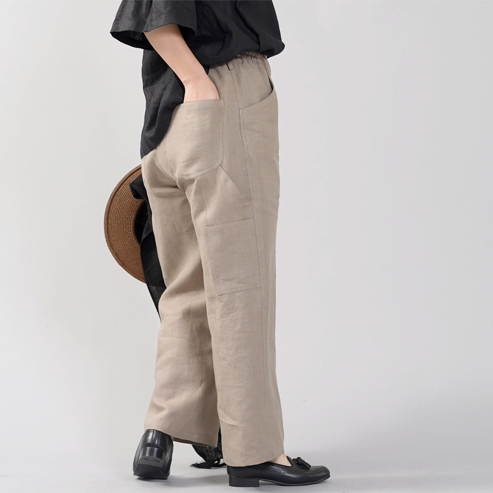限定12着 少し丈短め 中厚リネン ペインターパンツ リネンパンツ Linen100 ウエストゴム メンズライク Diyにも 胡桃色 くるみいろ Free B004b Krm2