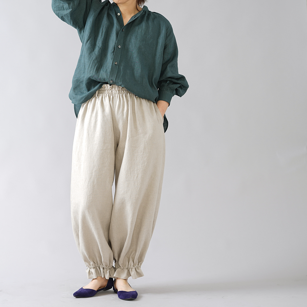 【wafu】裾ギュンリネンパンツ 裾がすぼまってるパンツ 男女兼用 やや薄地 /亜麻ナチュラル b006f-amn1