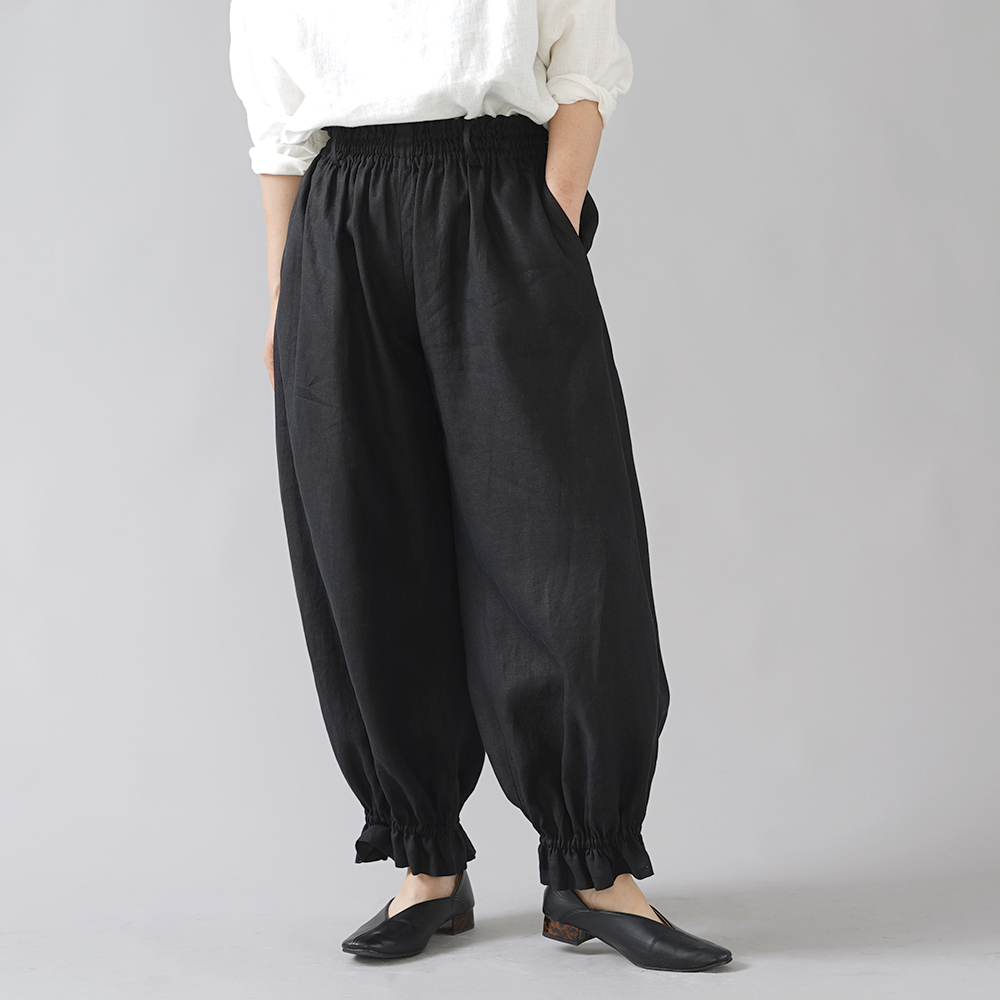 【wafu】裾ギュンリネンパンツ　裾がすぼまってるパンツ 男女兼用 中厚地/ブラック b006f-bck1