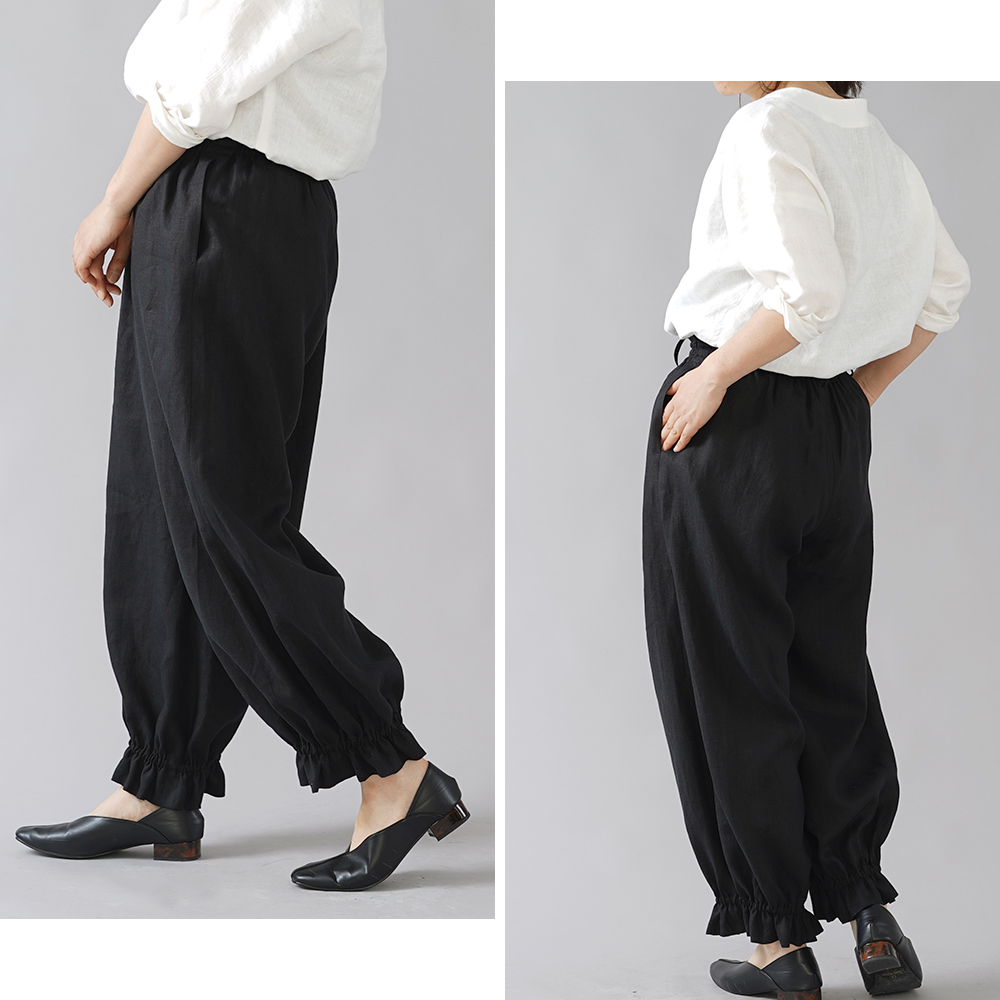 【wafu】裾ギュンリネンパンツ　裾がすぼまってるパンツ 男女兼用 中厚地/ブラック b006f-bck1