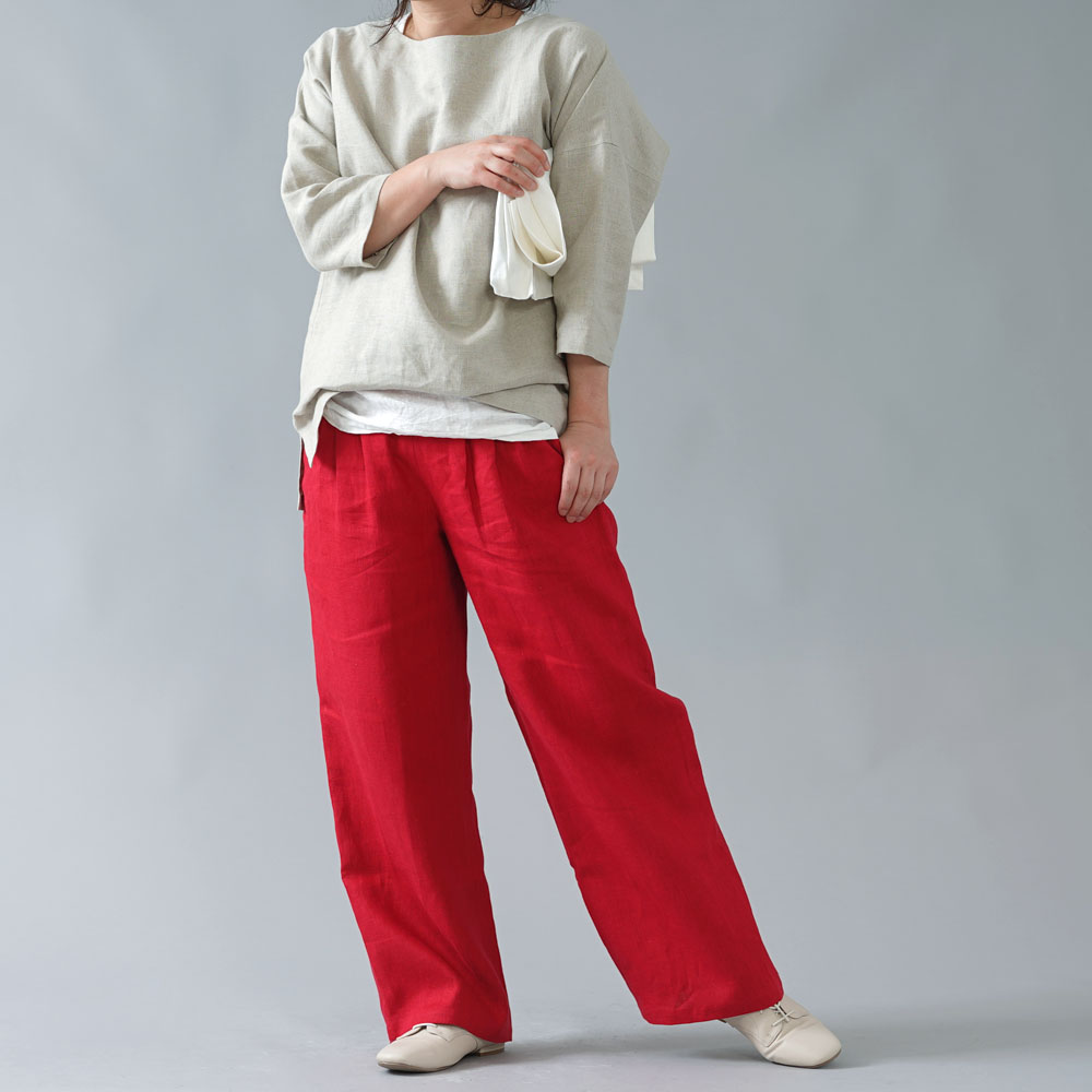 【wafu】中厚 リネン パンツ スリータック 後ろゴム ベルトループ ポケット付き ストレート リネンパンツ/レッド【M-L】b010e-red2