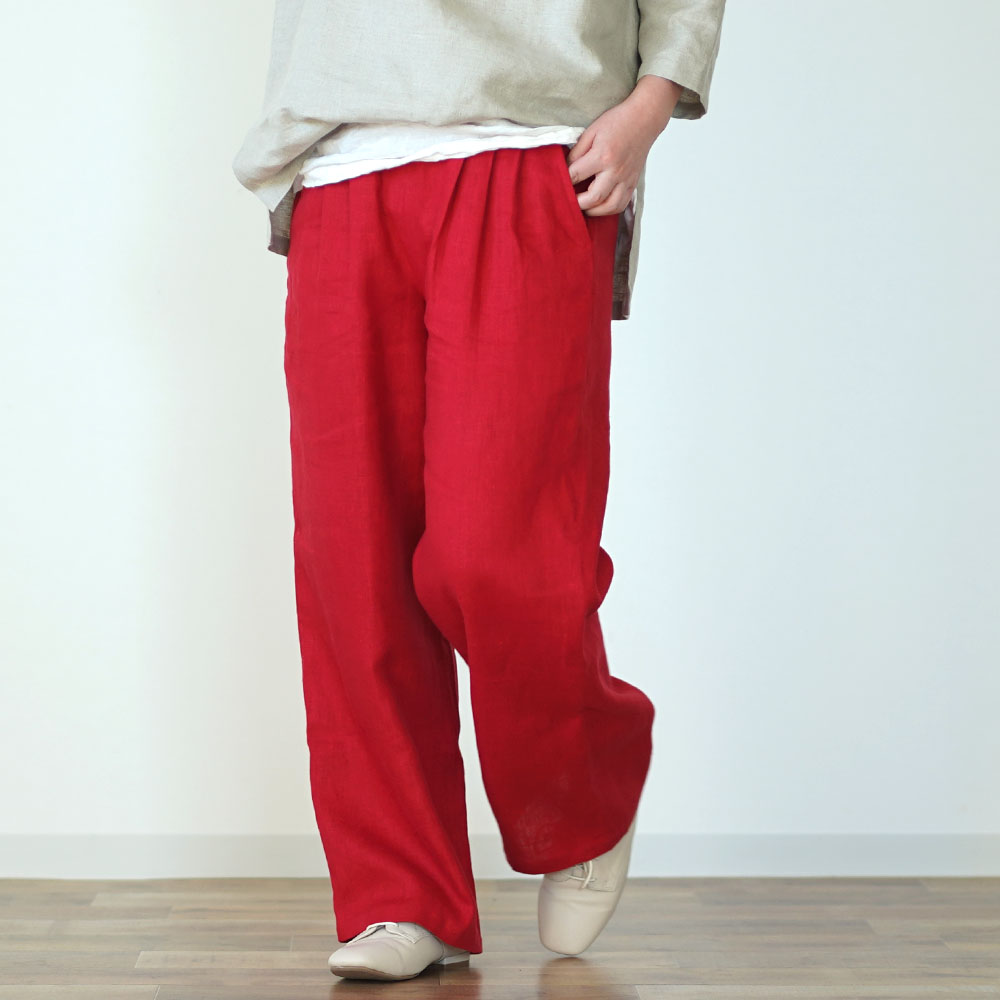 【wafu】中厚 リネン パンツ スリータック 後ろゴム ベルトループ ポケット付き ストレート リネンパンツ/レッド【M-L】b010e-red2
