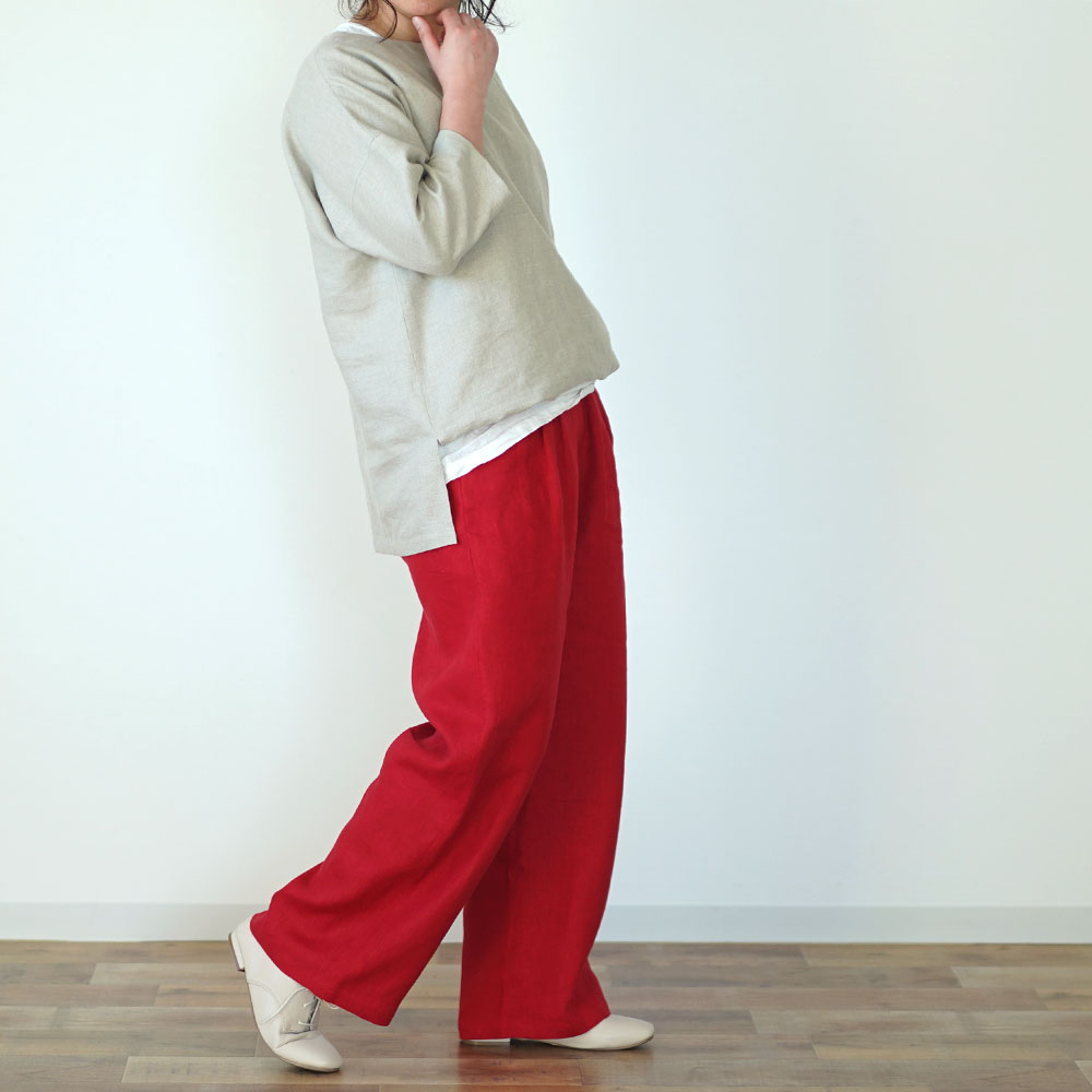 【wafu】中厚 リネン パンツ スリータック 後ろゴム ベルトループ ポケット付き ストレート リネンパンツ/レッド【M-L】b010e-red2