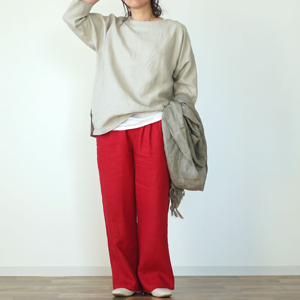 【wafu】中厚 リネン パンツ スリータック 後ろゴム ベルトループ ポケット付き ストレート リネンパンツ/レッド【M-L】b010e-red2