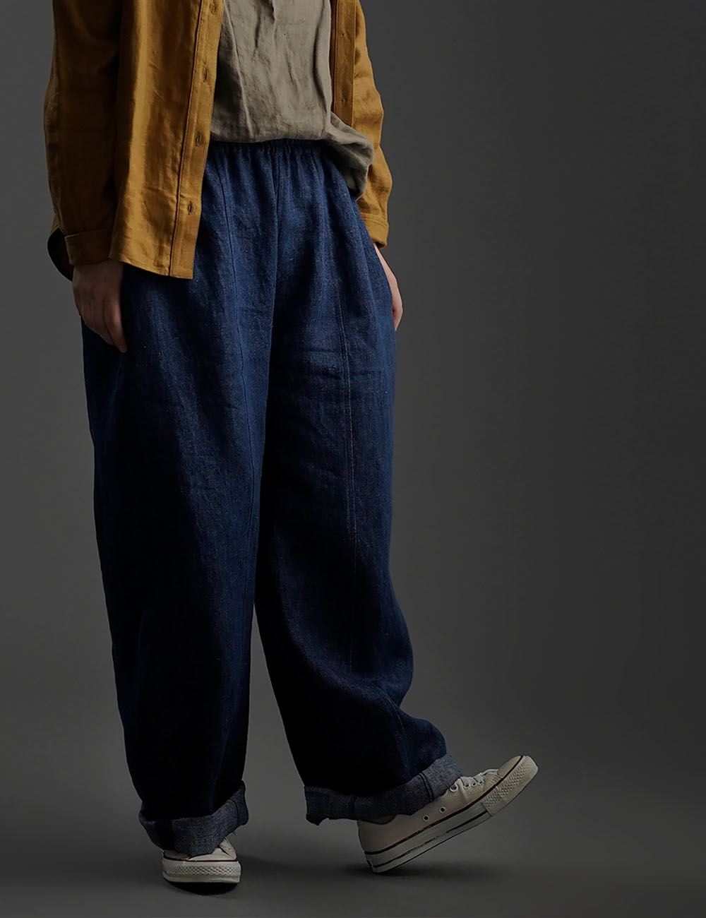 【wafu】Linen denim pants　デニムバギーパンツ 男女兼用　/インディゴ b011b-ind3