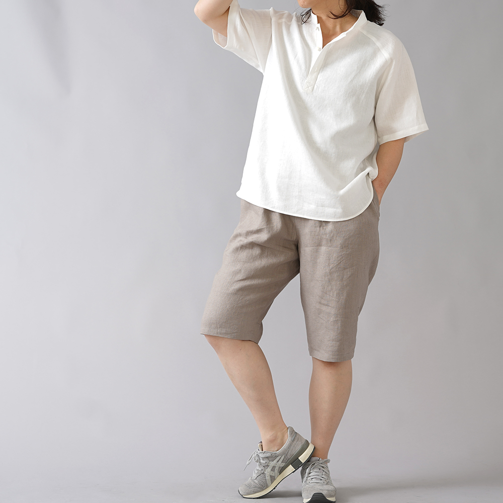 【wafu】リネン ショート パンツ 男女兼用 ハーフパンツ ポケット有り ウエストゴム ボトムス 膝丈 中厚/アッシュパール b012d-asp2