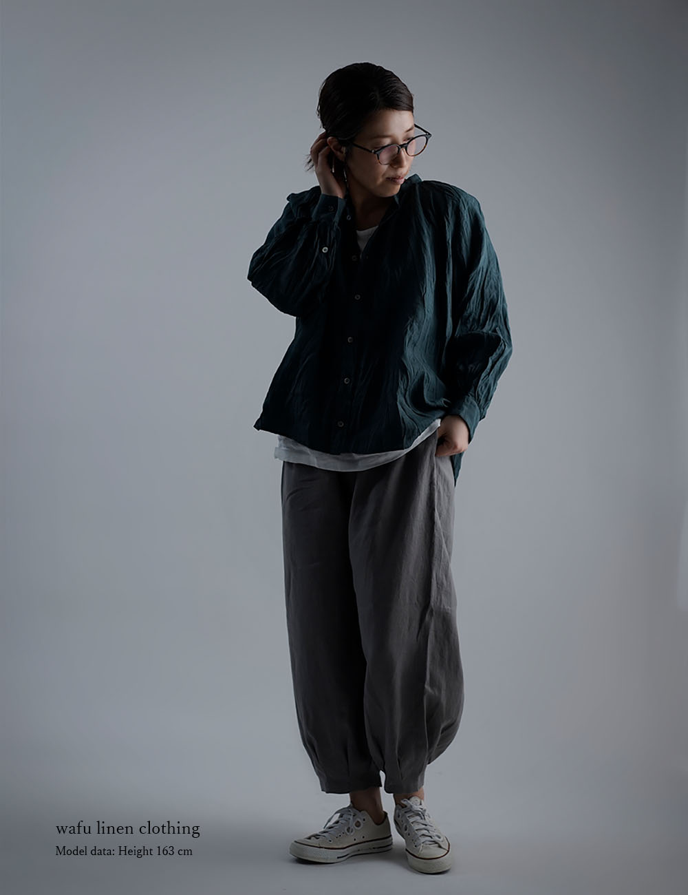 Linen Pants 裾タック ボトムス ヨガパンツにも / 鈍色(にびいろ) b013a-nib1