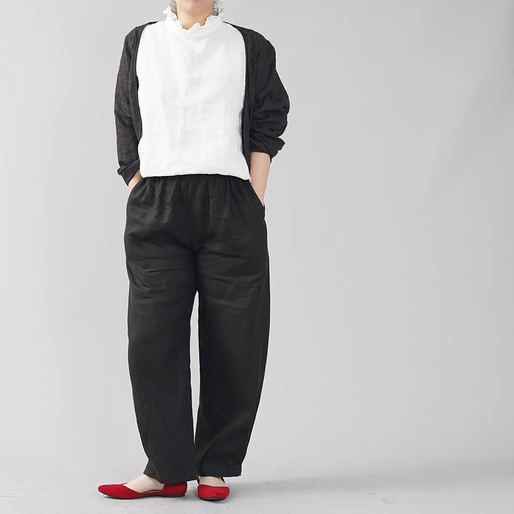 Linen Pants 裾タック入り リネン ボールパンツ 男女兼用 /ブラック b013g-bck2