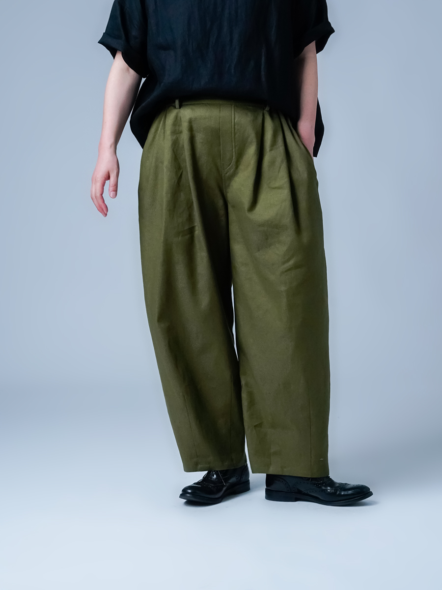 ねぎ　新品 nest robe ラミーリネン起毛サルエルパンツ カーキ リネンソロテックス】立体を操る 魅惑のリネンサーカスパンツ