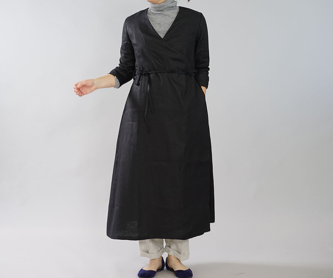 中厚 リネン ワンピース コート 2way カシュクール ボタン ロング丈 7分袖 ガウン ブラック M L